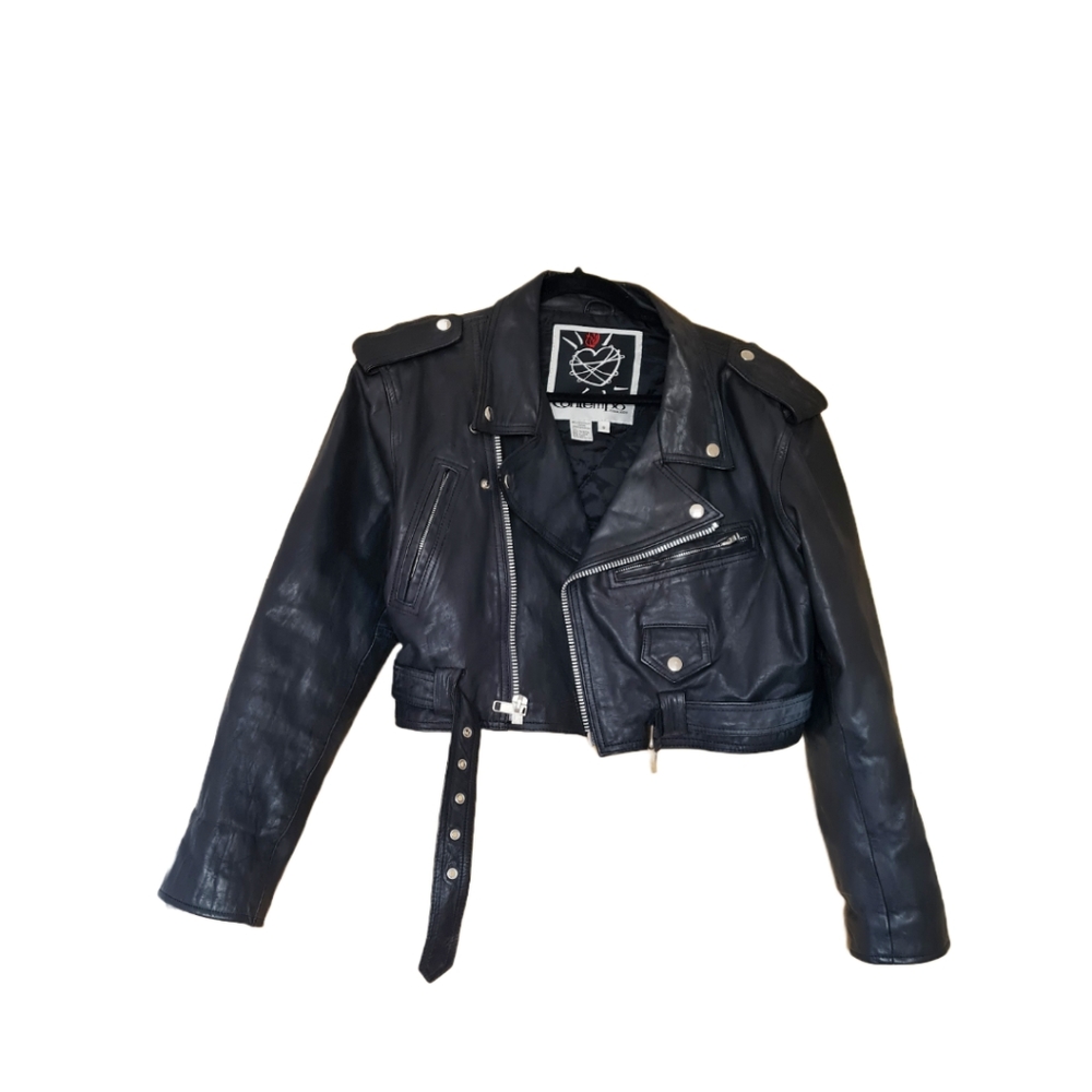 90s Vintage Contempo Black 100% Genuine Leather Cropped Moto Jacket Size…
